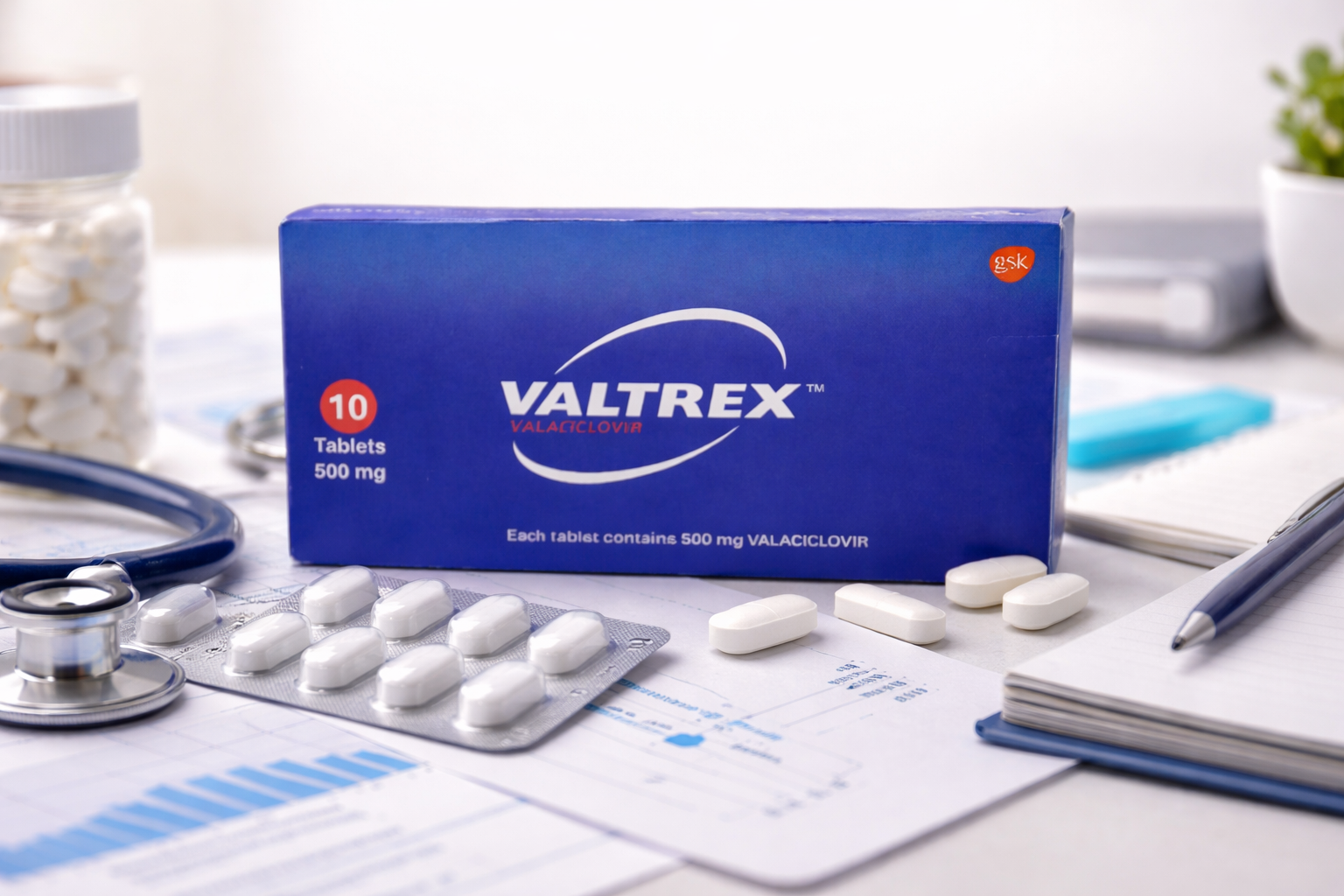 Valacyclovir (Valtrex) 500 mg tablets for herpes treatment in Pattaya Thailand