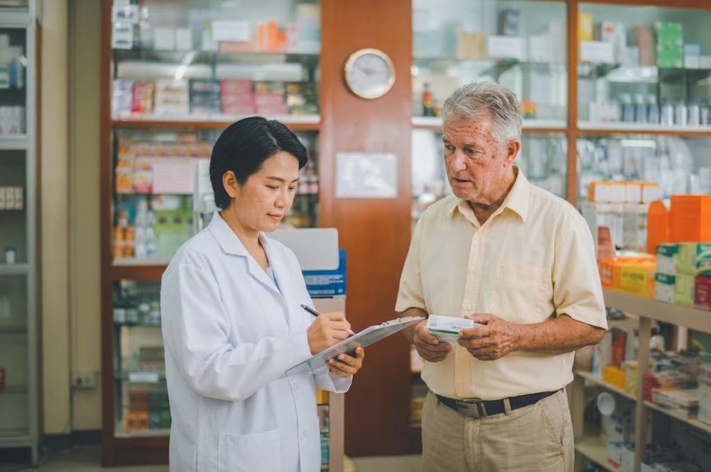 Pharmacist helping an expat check regular medication in Pattaya